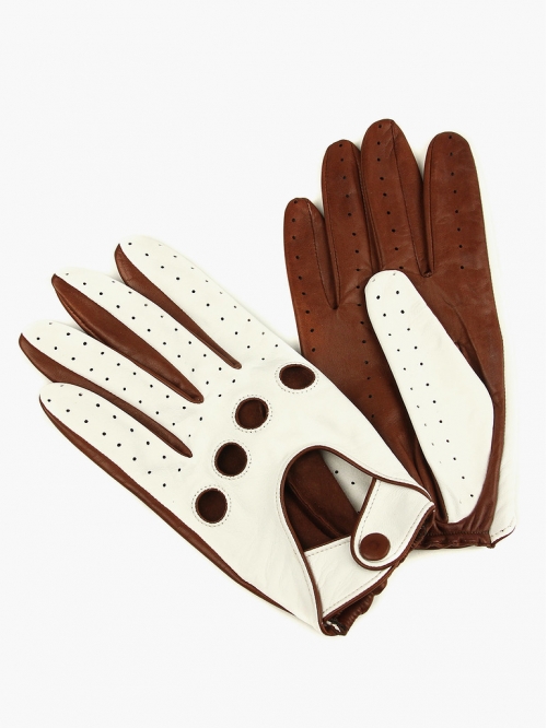 Водительские кожаные перчатки СORDUROY коричневые с белым