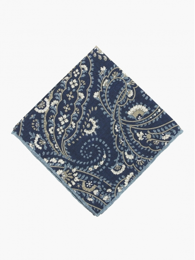 Двусторонний синий платок из хлопка и шёлка PAOLO ALBIZZATI с растительным орнаментом