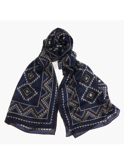 Тонкий шерстяной синий шарф PAOLO ALBIZZATI с этническим орнаментом 