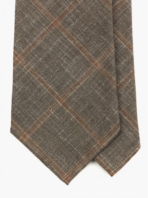 Серо-бежевый галстук из шерсти и льна FOUR-IN-HAND в коричневую крупную клетку
