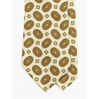 Бежевый шелковый галстук FOUR-IN-HAND с оливковым геометрическим рисунком