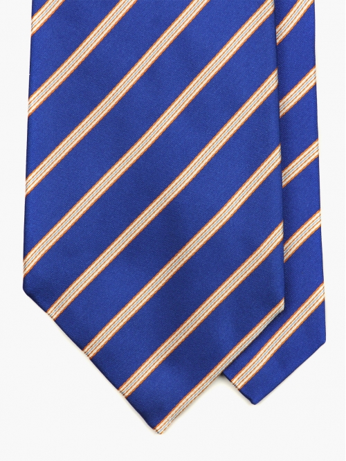 Синий галстук из шёлка GaGà в золотисто-бежевую полоску
