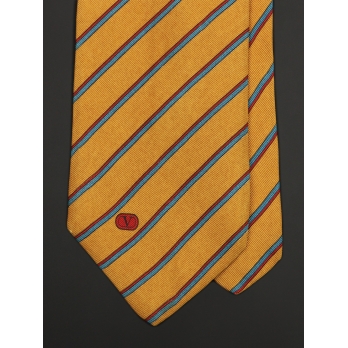 Тёмно-золотой шёлковый галстук VALENTINO в синюю и коричневую косую полоску