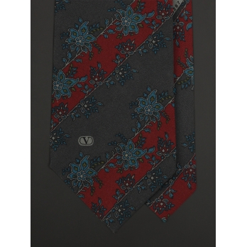 Тёмно-серый шёлковый галстук VALENTINO в широкую вишнёвую полоску с цветами