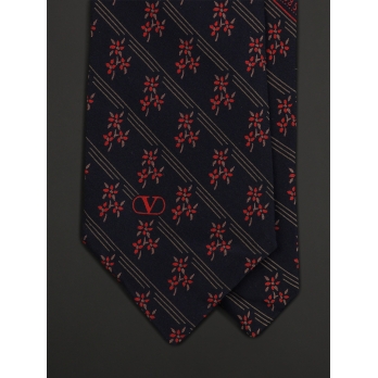 Тёмно-синий шёлковый галстук VALENTINO в тройную косую полоску с цветами