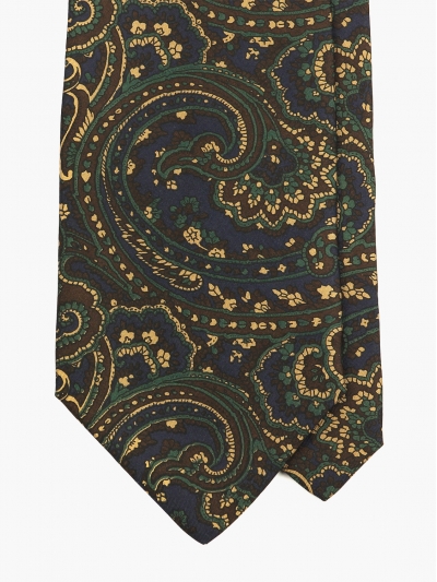 Синий шёлковый галстук FIORINI с золотисто-зелёным рисунком пейсли